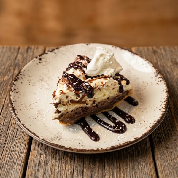 A slice of chocolate pie with whipped cream, chocolate drizzle, and powdered sugar on a rustic plate.