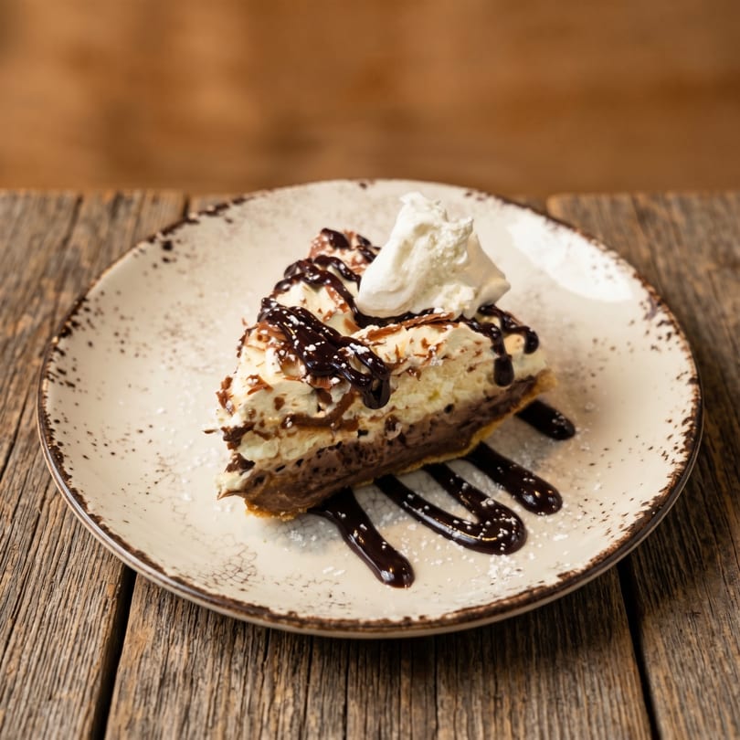 A slice of chocolate pie with whipped cream, chocolate drizzle, and powdered sugar on a rustic plate.