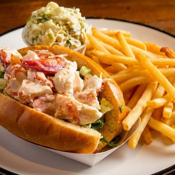 A lobster roll with fries and coleslaw on a white plate, on a wooden table.