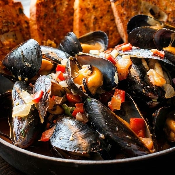 Steamed mussels with diced vegetables and toasted bread in a dark skillet on a wooden table.