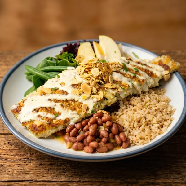 Breaded fish with creamy sauce, almonds, brown rice, red beans, green beans, and apple slices.